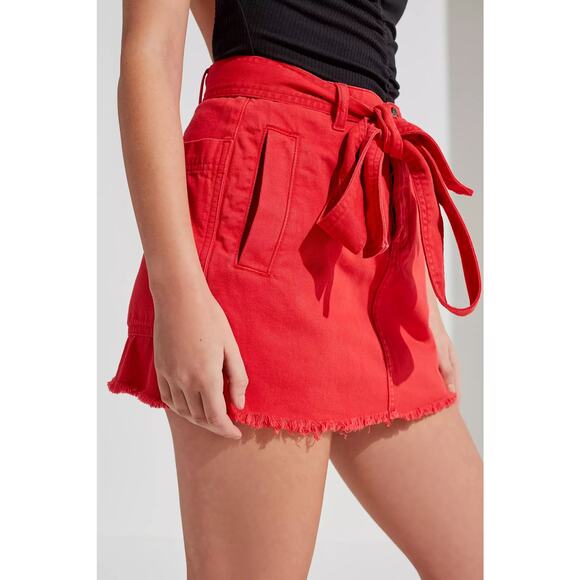 BDG Urban Outfitters Twill Frayed Mini Skirt Tie Waist Denim Fringe Raw Hem - Picture 5 of 12